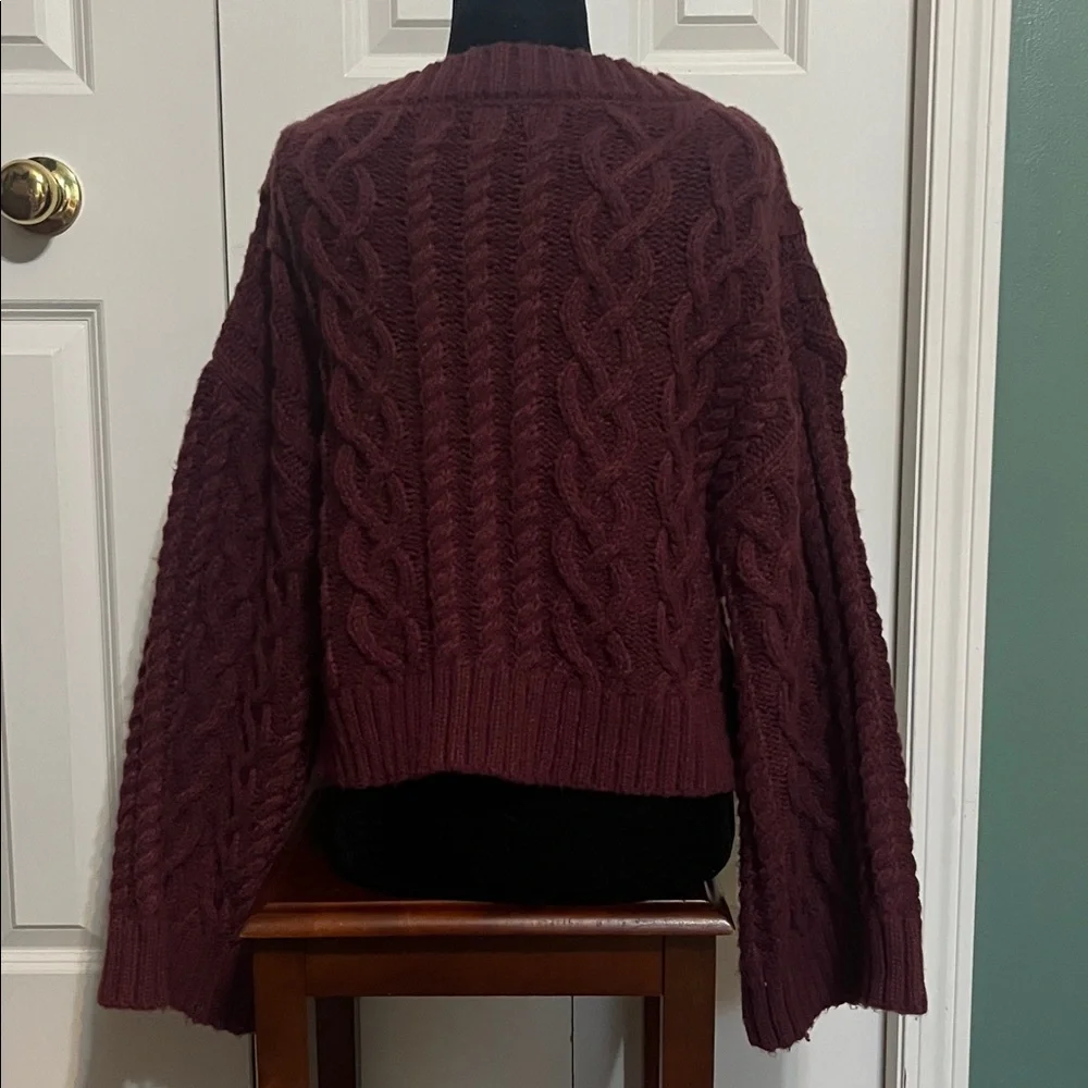 Grey Bandit Jacie Maroon Oversized Cable Knit Cropped Heavy Wide Cuff Sweater S